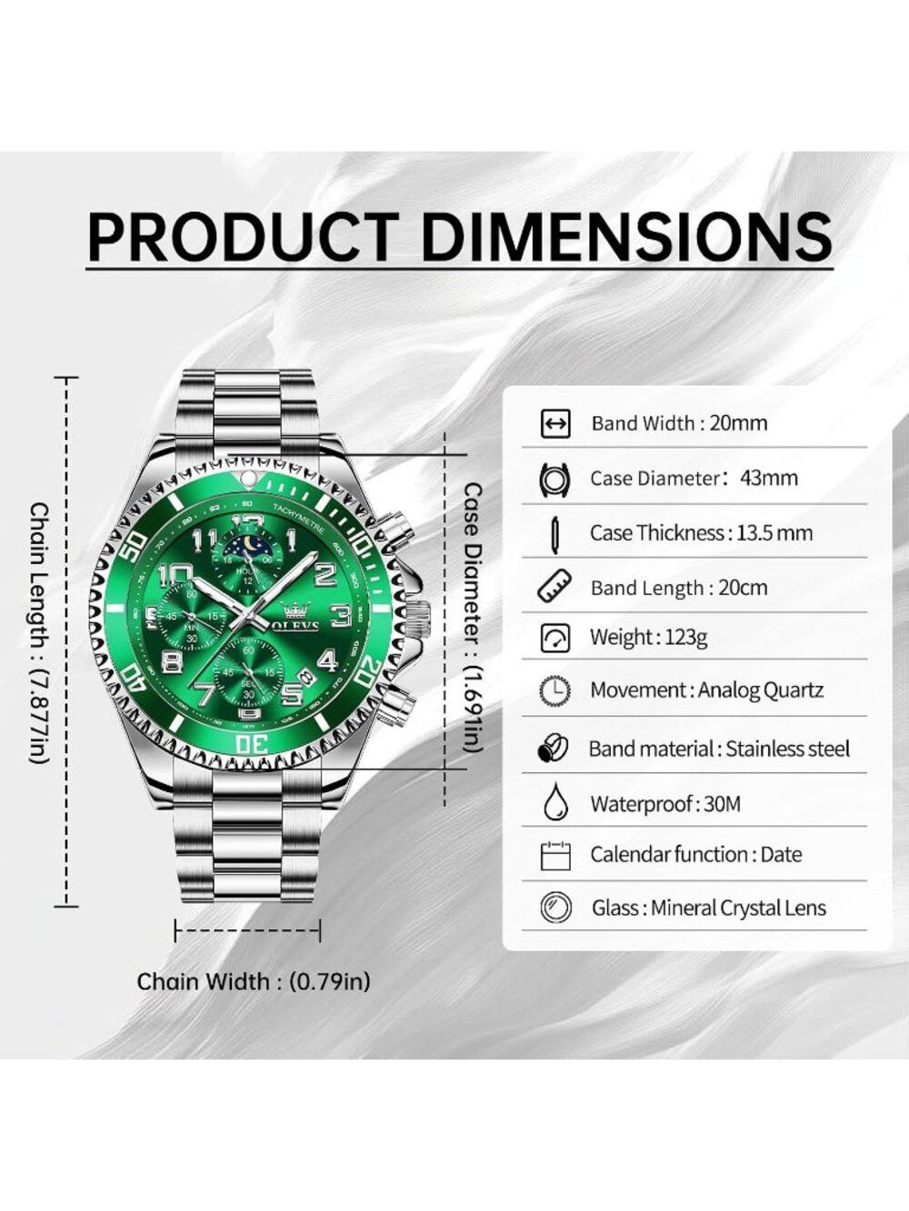 Men's Silver Green Stainless Steel Waterproof Quartz Big Face Fashion Wristwatch - Picture 6 of 6